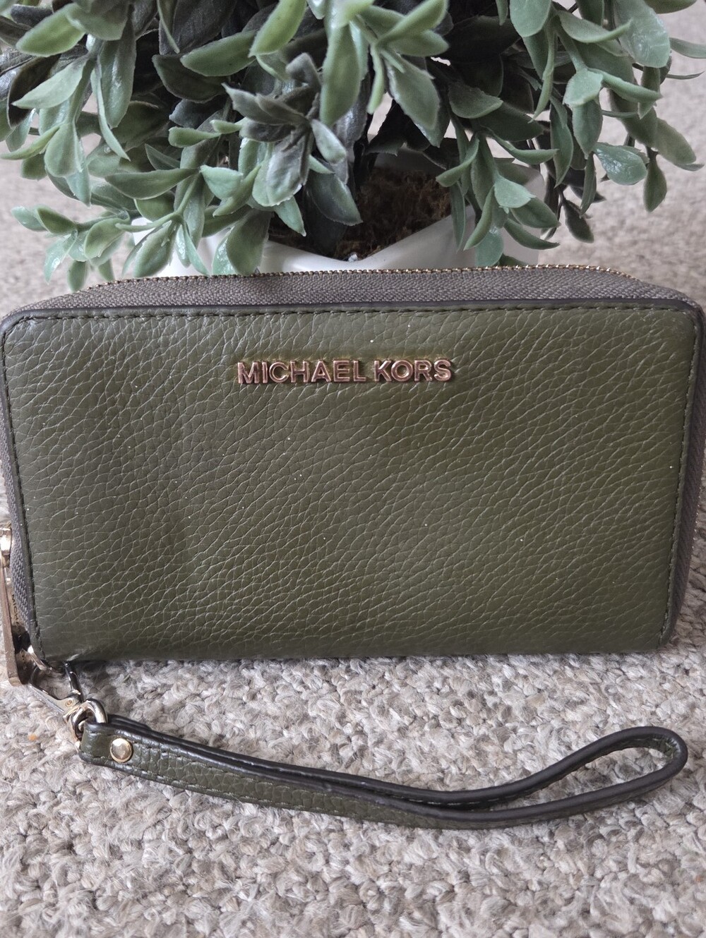 Michael Kors Olive‎ Green Pebbled Leather Wristlet Wallet